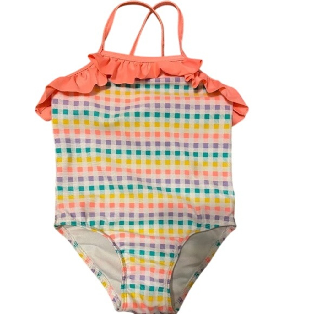 Cat & Jack Girls Swimsuit 3T‎ One Piece Gingham Ruffle Strap Colorful Cute
